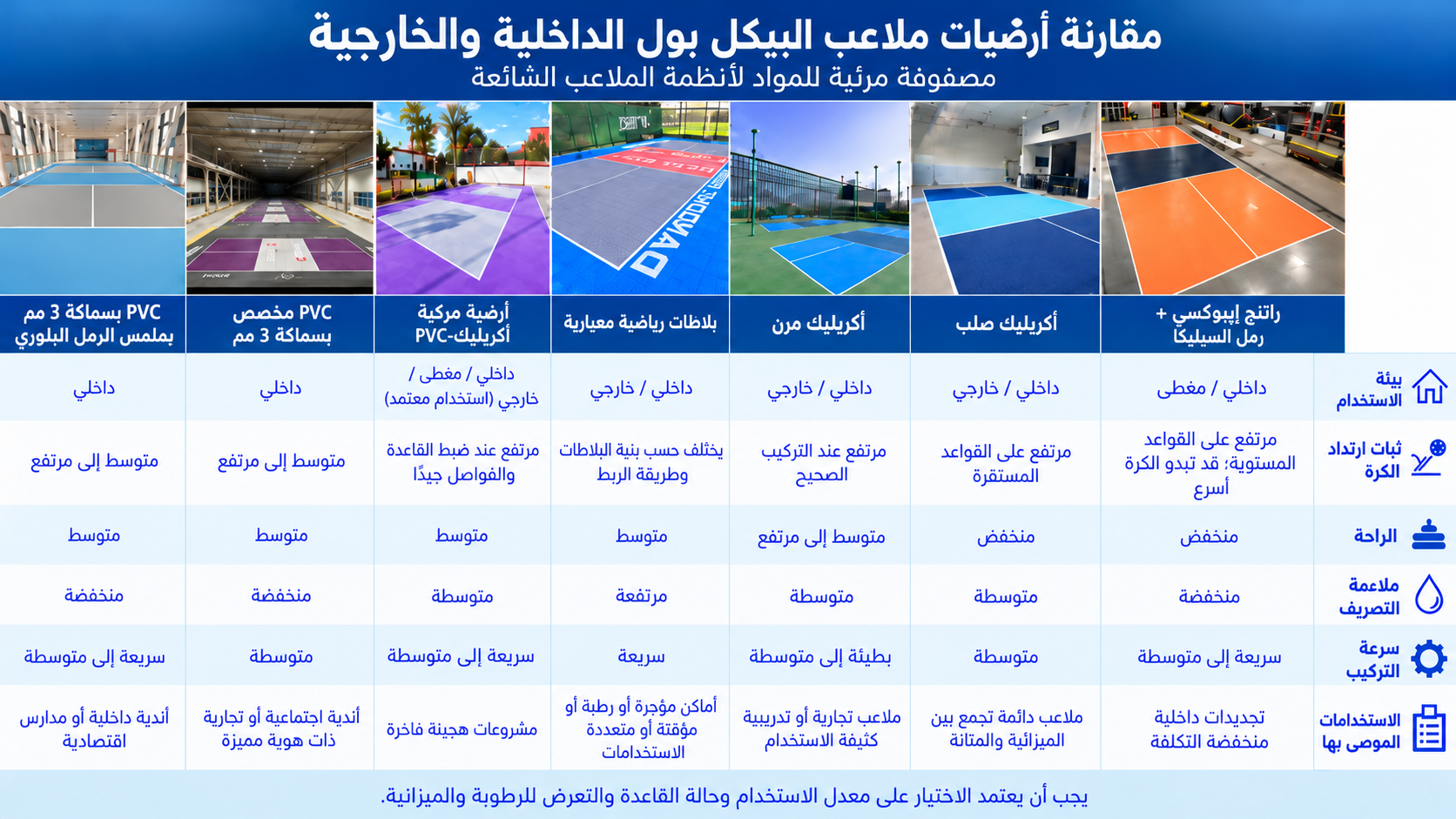 مقارنة عربية لسبعة أنظمة لأرضيات ملاعب البيكل بول