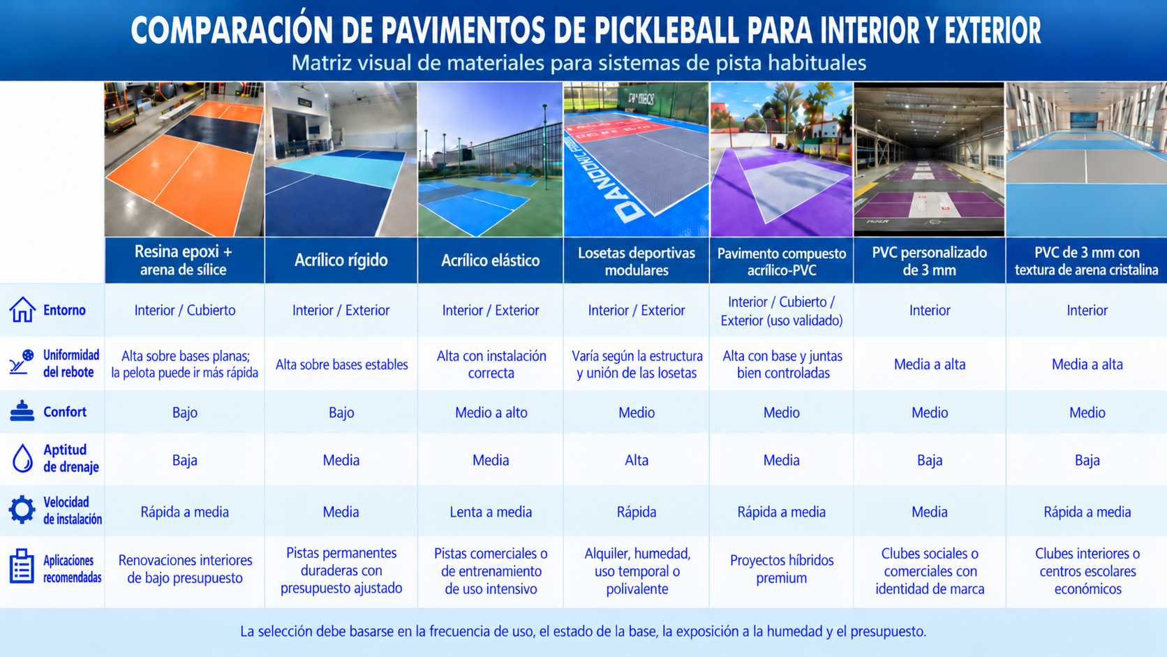 Comparación en español de siete sistemas de piso para canchas de pickleball