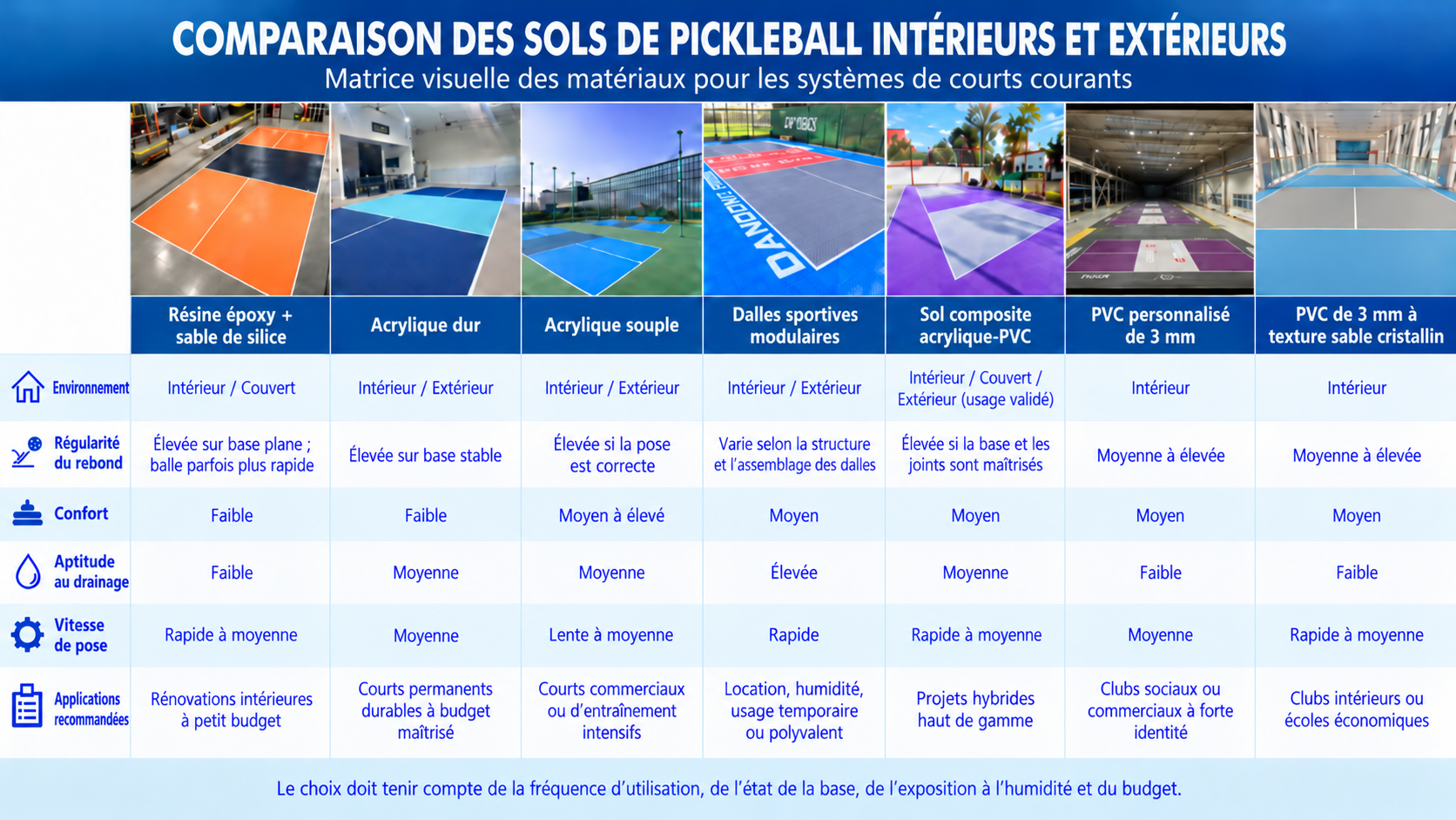 Comparaison en français de sept systèmes de sol pour terrains de pickleball