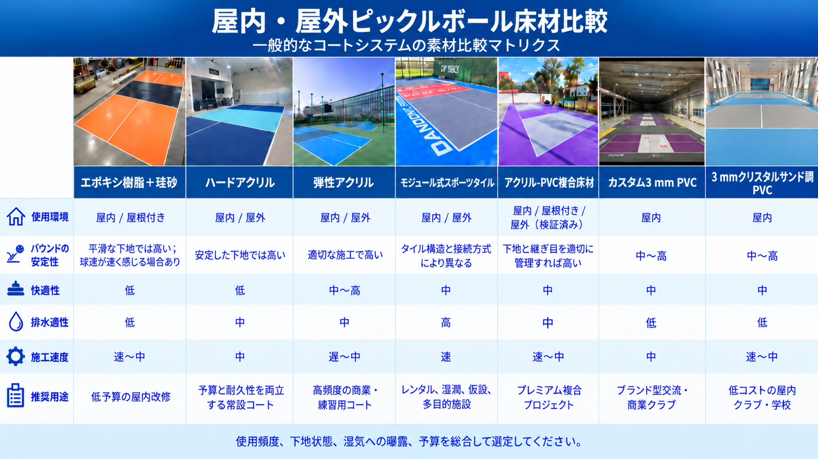 7種類の屋内・屋外ピックルボール床システム比較図