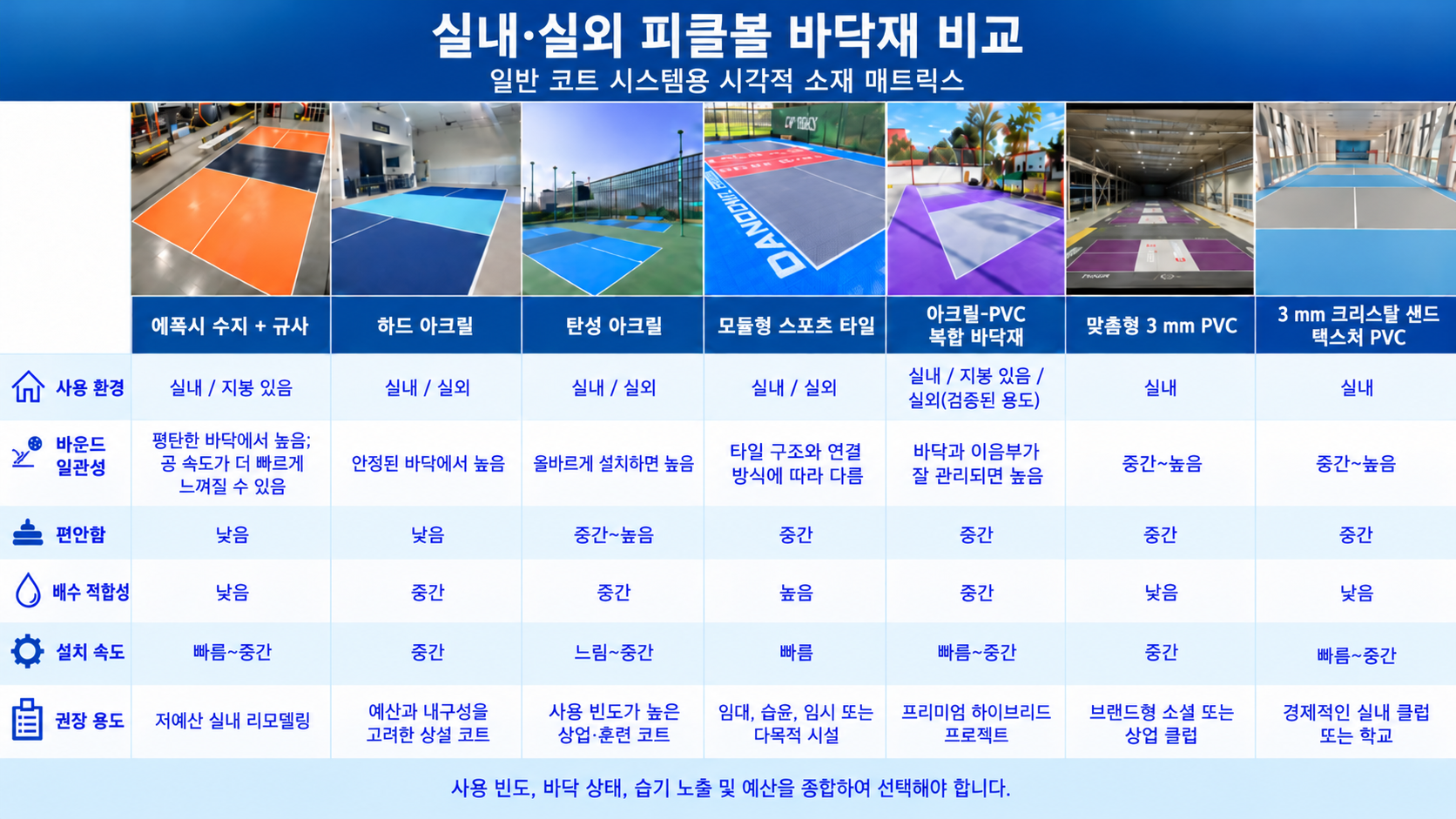 한국어로 정리한 7가지 실내·실외 피클볼 바닥 시스템 비교표