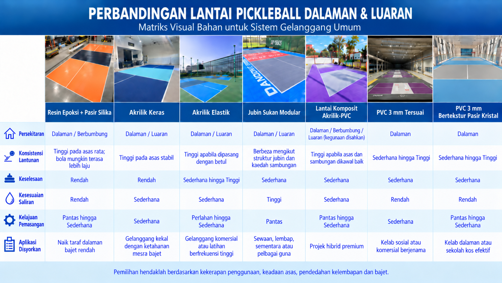 Perbandingan tujuh sistem lantai gelanggang pickleball untuk projek Malaysia