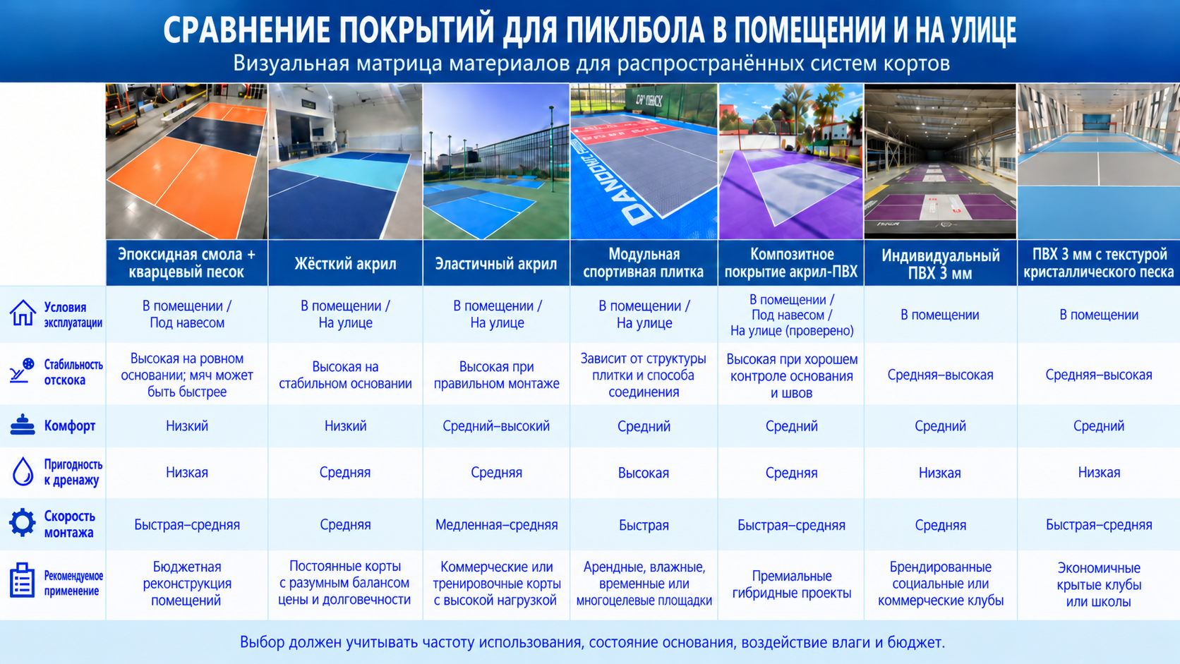 Сравнение семи систем покрытия кортов для пиклбола на русском языке