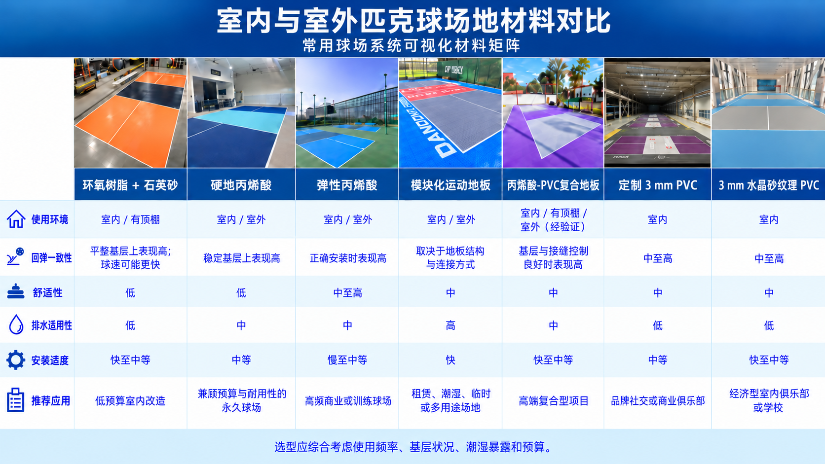中国采购者使用的室内与室外匹克球场地面系统对比图