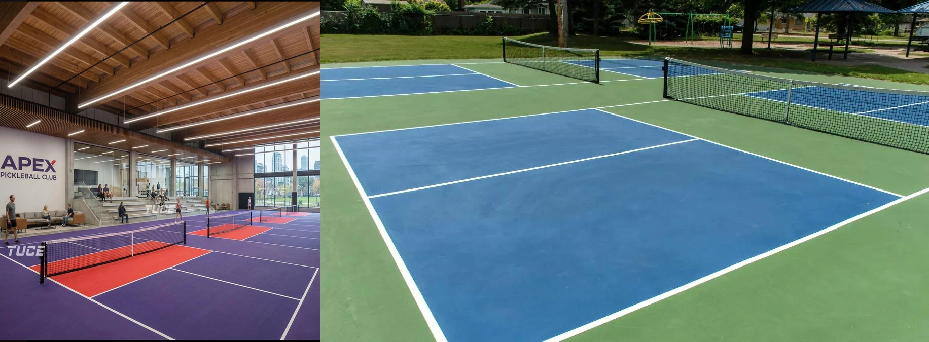 Indoor PVC pickleball club and permanent outdoor acrylic pickleball court comparison