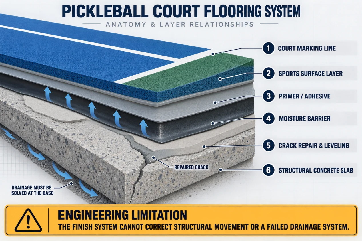 Pickleball court flooring system showing structural slab, crack repair, moisture barrier, primer and sports surface