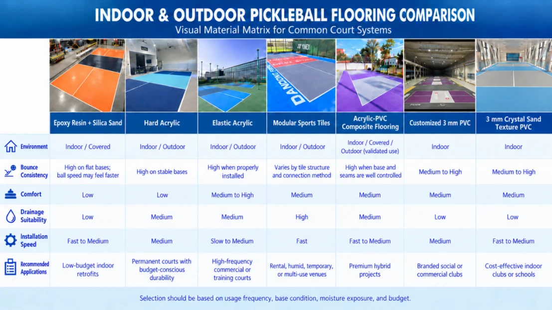 Comparison of seven indoor and outdoor pickleball flooring systems